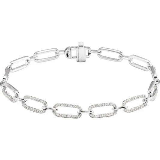White gold diamond link bracelet on a white background.