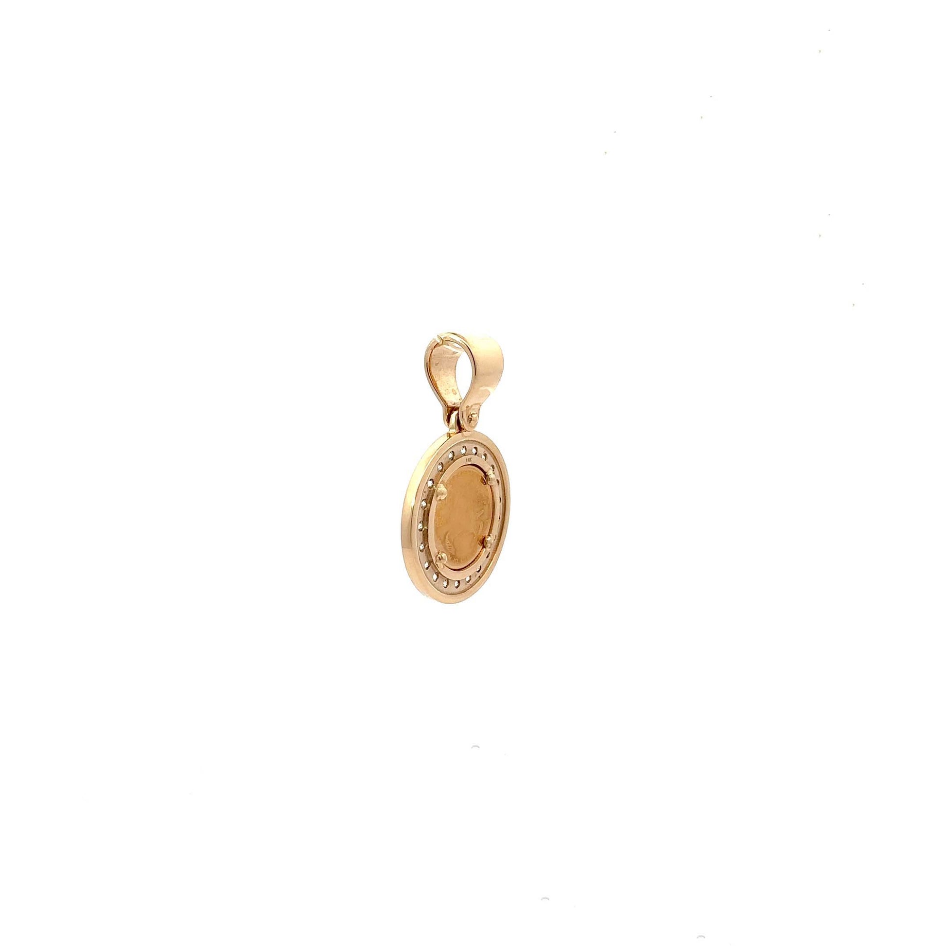 Gold pendant featuring a round coin with a woman's figure surrounded by a circle of diamonds, on a white background.