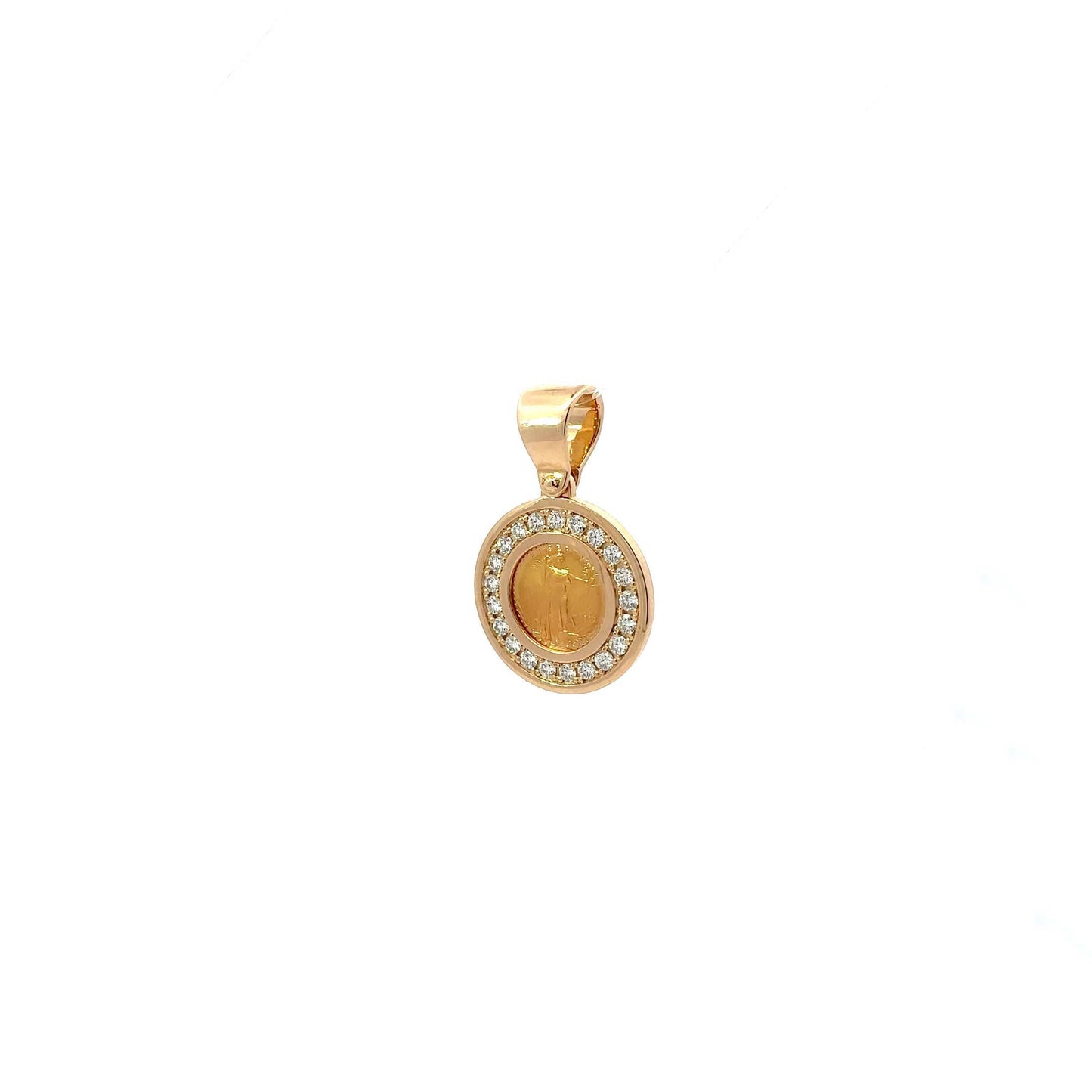 Gold pendant featuring a round coin with a woman's figure surrounded by a circle of diamonds, on a white background.