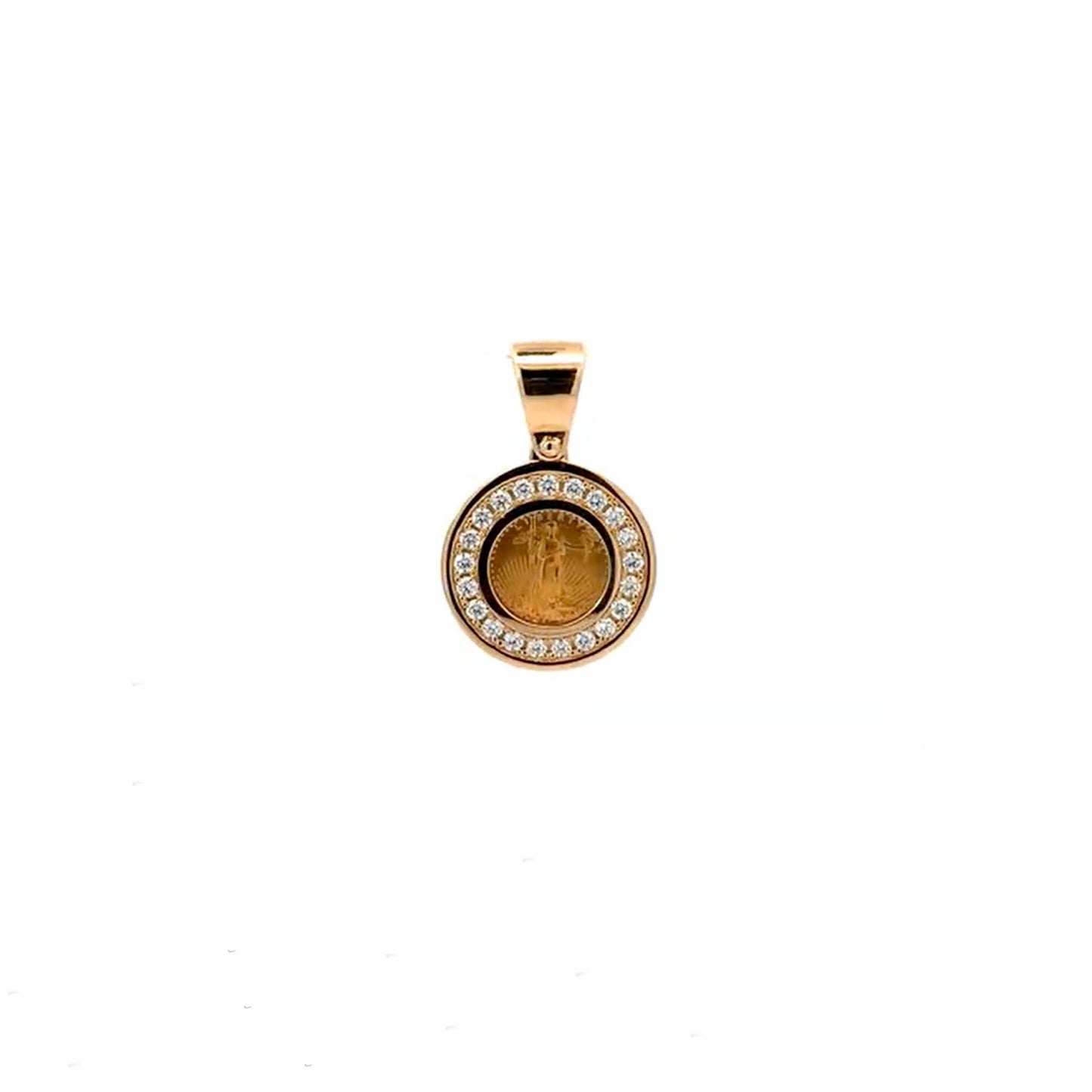 Gold pendant featuring a round coin with a woman's figure surrounded by a circle of diamonds, on a white background.