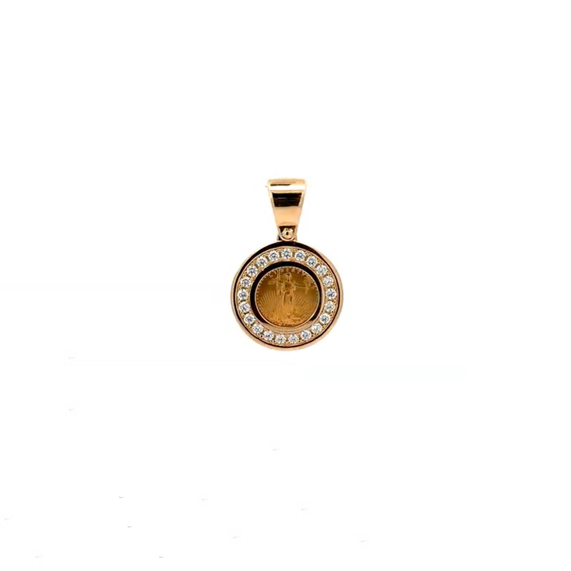 Gold pendant featuring a round coin with a woman's figure surrounded by a circle of diamonds, on a white background.