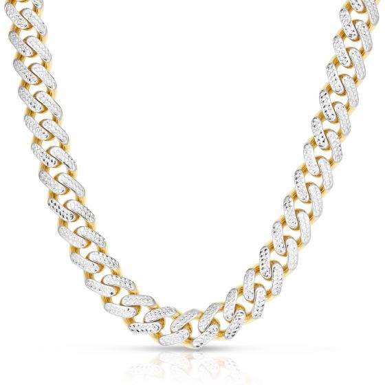 14k Yellow Gold White Pave High Polish Modern Lite Miami Cuban Chain (6.50 mm)