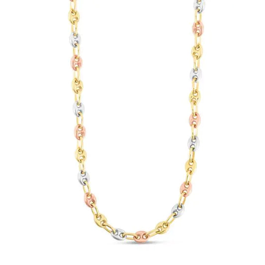 14K Tri-color silver, rose and yellow gold puffed mariner link chain