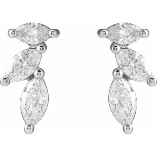 White gold marquise diamond stud earrings on a white background.