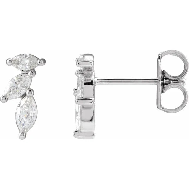 White gold marquise diamond stud earrings on a white background.