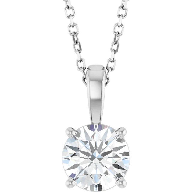 White gold necklace with single diamond pendant on a white background