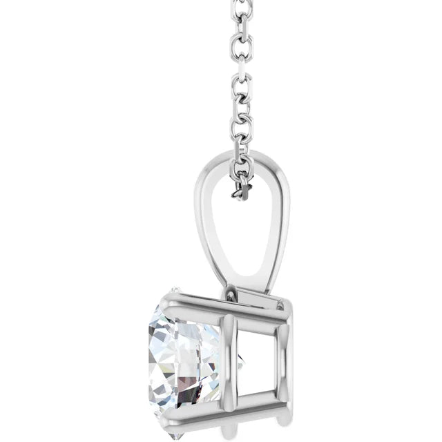 White gold necklace with single diamond pendant on a white background