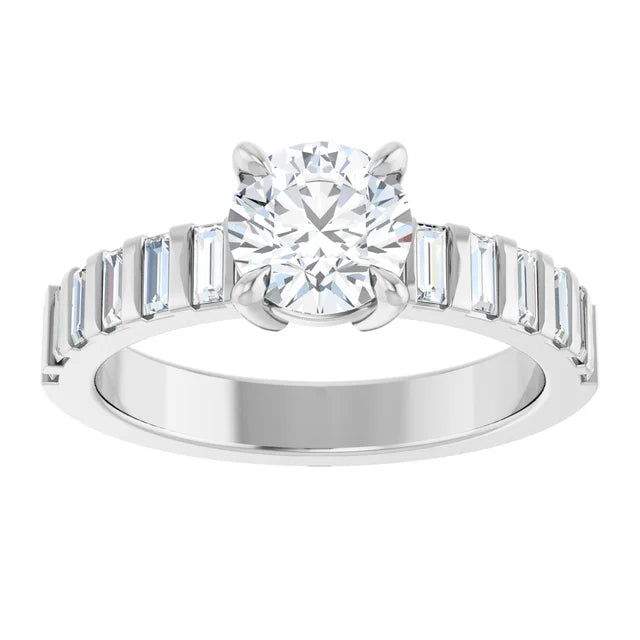 White gold ring with a single round diamond in the center and a band lined with baguette-cut diamonds. The background is white.