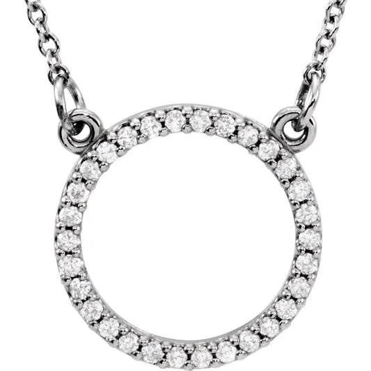 White gold diamond circle necklace on a white background.