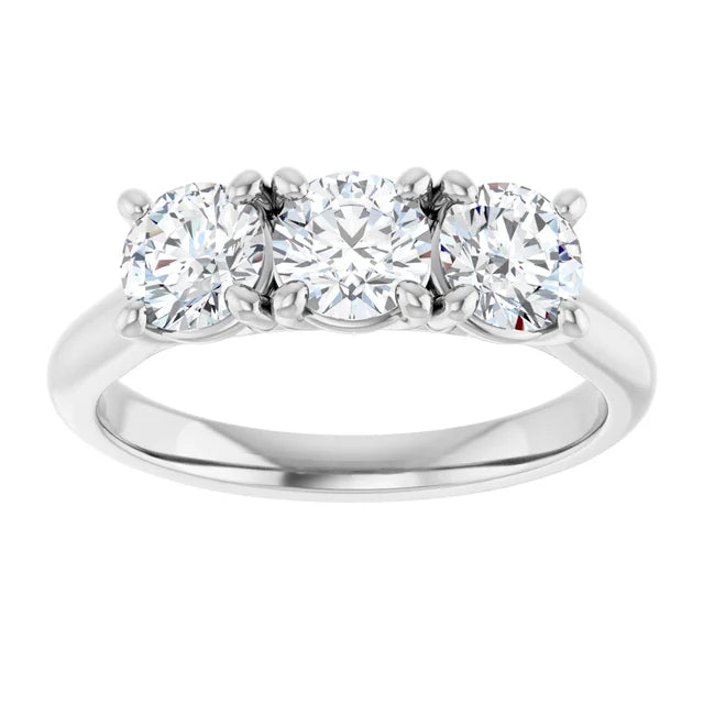 Three-stone diamond engagement ring with a shared prong setting