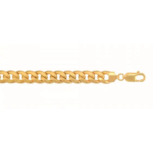 Yellow gold cuban link chain on a white background.