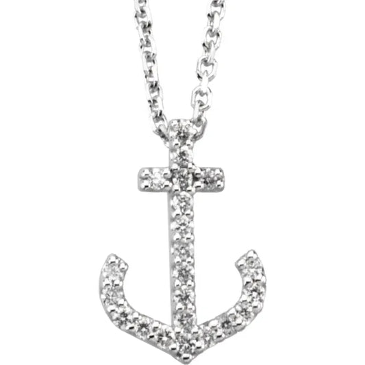 Diamond anchor pendant necklace on a white background.