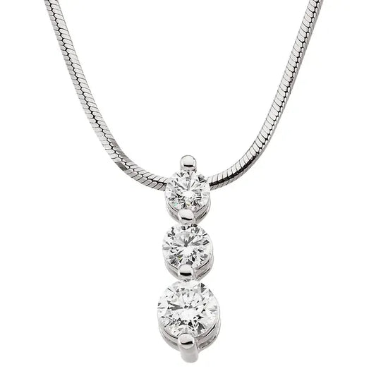 White gold necklace with a three-stone diamond pendant on a white background.