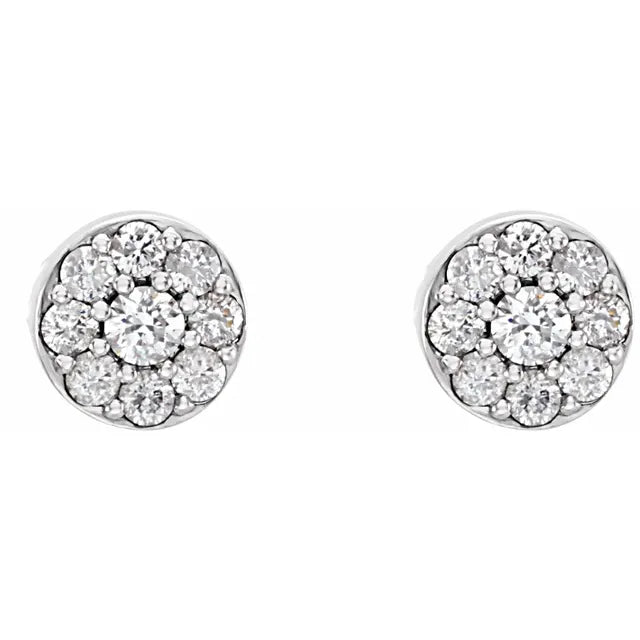 Pair of diamond cluster stud earrings on a white background