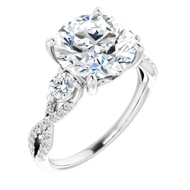 Three-stone diamond engagement ring with a twisted band on a white background 