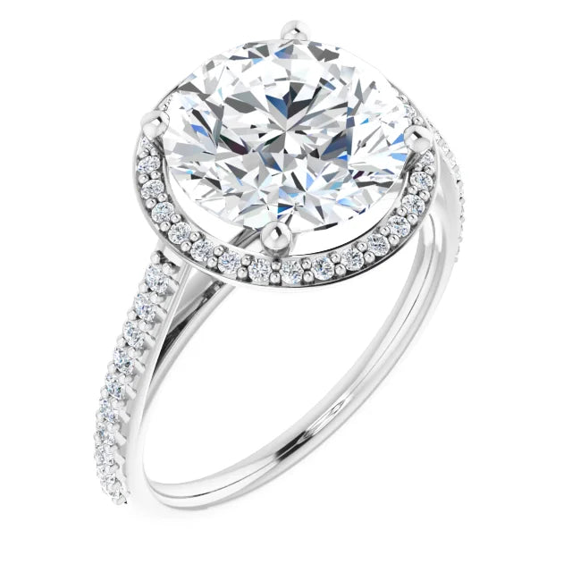 Silver diamond engagement ring with a halo setting and diamond-studded band