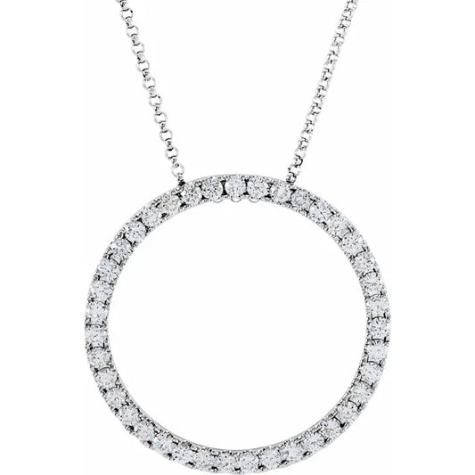 White gold necklace with a circular pendant fully encrusted with diamonds. The background is white.