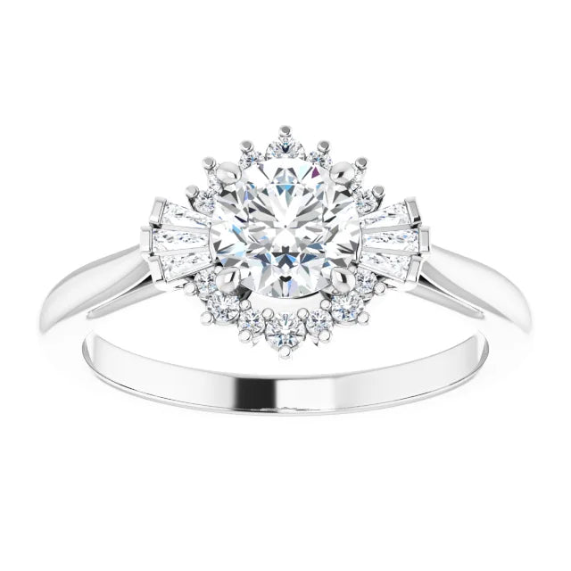 White gold diamond engagement ring with a floral halo setting on a white background