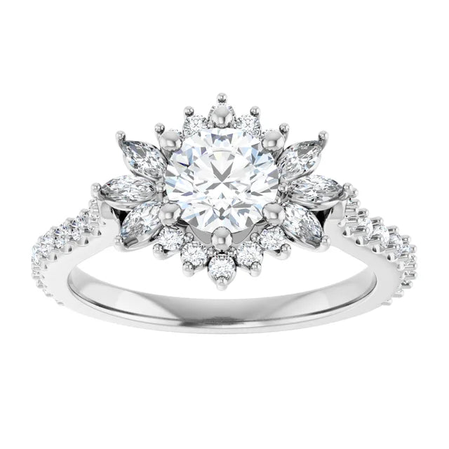 White gold diamond engagement ring with a floral halo setting and diamond band on a white background