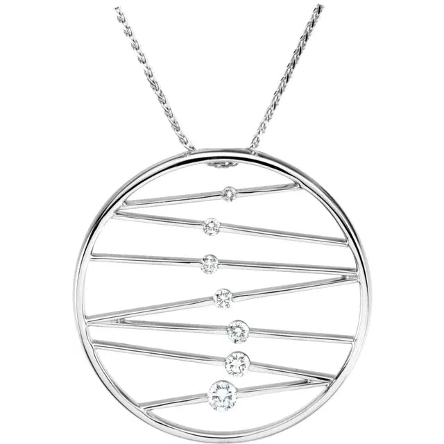 White gold necklace with a circular pendant featuring a geometric design of intersecting lines with small diamonds set along the lines. The background is white.