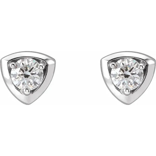 Pair of silver stud earrings with a triangular setting and a single diamond. The background is white.