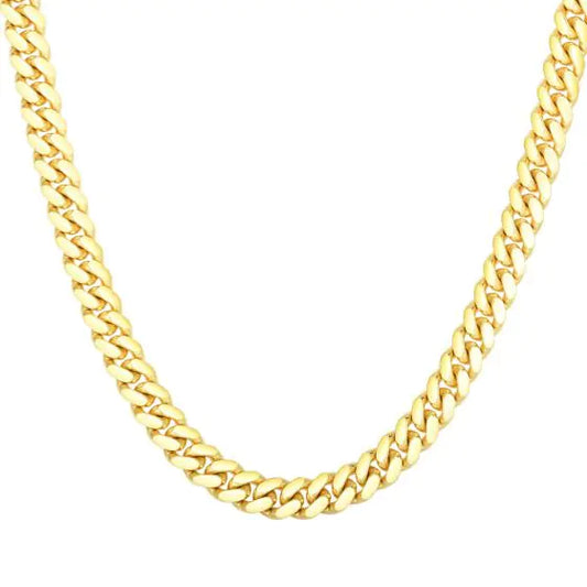 Yellow gold Cuban link bracelet on a white background.