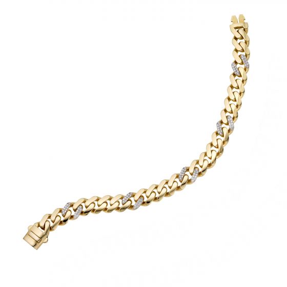 Yellow gold Cuban link bracelet with diamond accents on a white background.