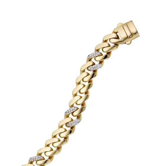 Yellow gold Cuban link bracelet with diamond accents on a white background.