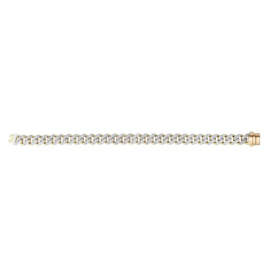 Yellow gold Cuban link bracelet with diamond accents on a white background.