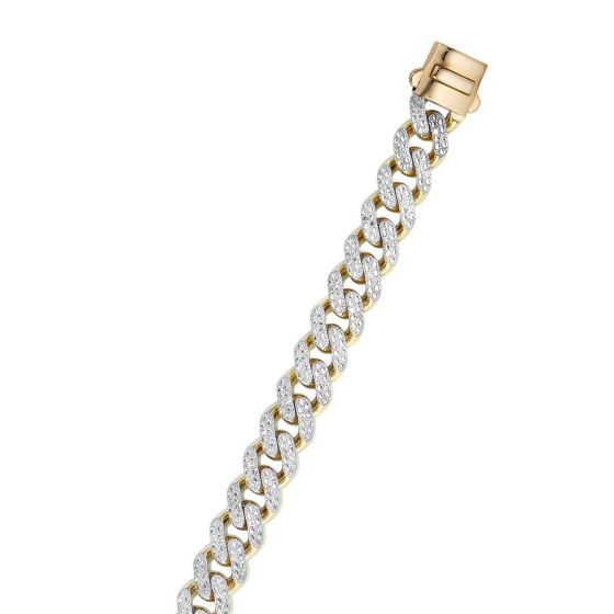 Yellow gold Cuban link bracelet with diamond accents on a white background.