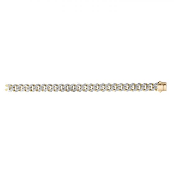 Yellow gold Cuban link bracelet with diamond accents on a white background.