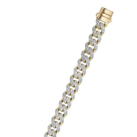 Yellow gold Cuban link bracelet with diamond accents on a white background.