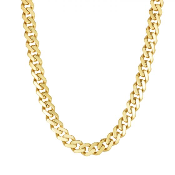 Yellow gold Cuban link bracelet on a white background.