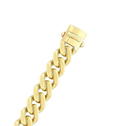 Yellow gold Cuban link bracelet on a white background.