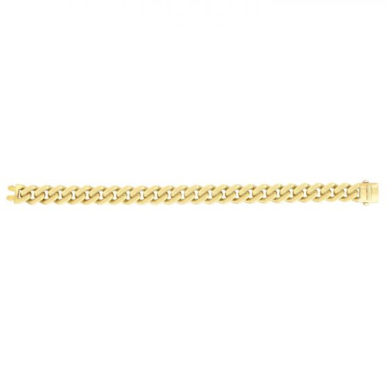 Yellow gold Cuban link bracelet on a white background.