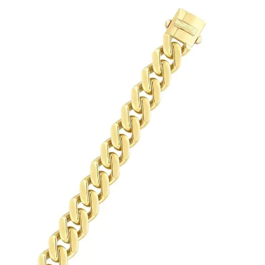 Yellow gold Cuban link bracelet on a white background.