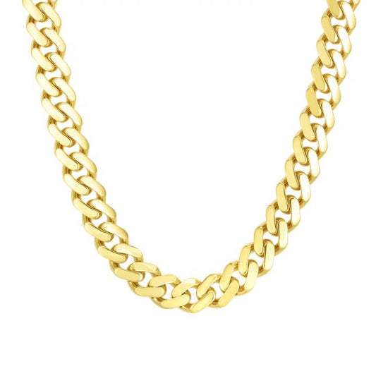 Yellow gold Cuban link bracelet on a white background.