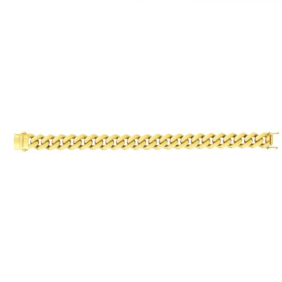 Yellow gold Cuban link bracelet on a white background.