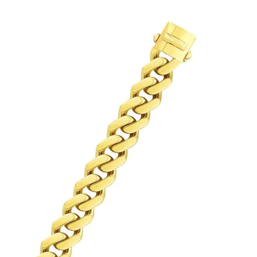 Yellow gold Cuban link bracelet on a white background.