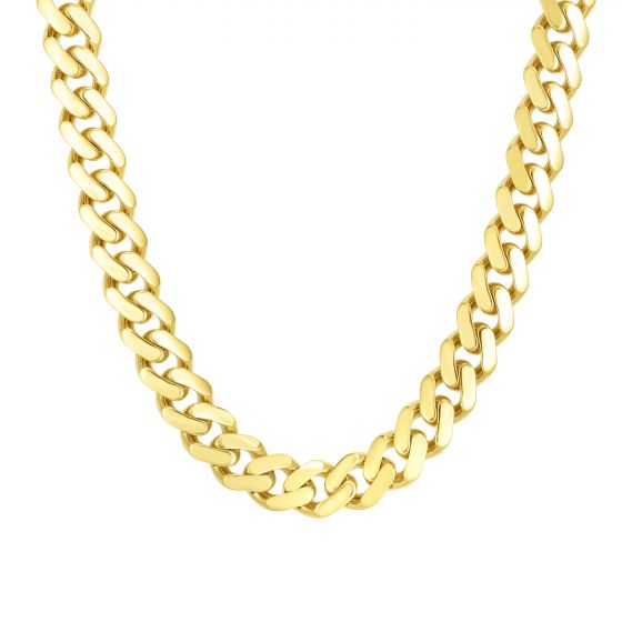 Yellow gold Cuban link bracelet on a white background.