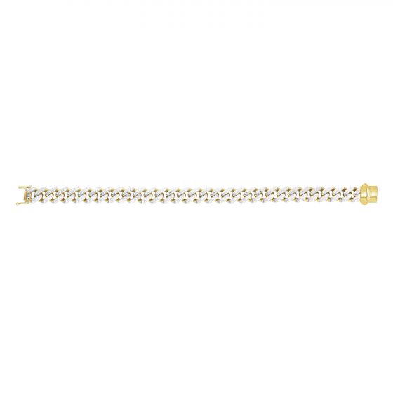 Yellow gold Cuban link bracelet with diamond accents on a white background.