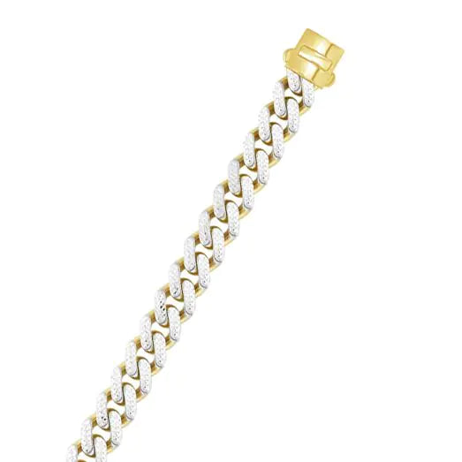 Yellow gold Cuban link bracelet with diamond accents on a white background.