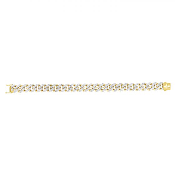 Yellow gold Cuban link bracelet with diamond accents on a white background.