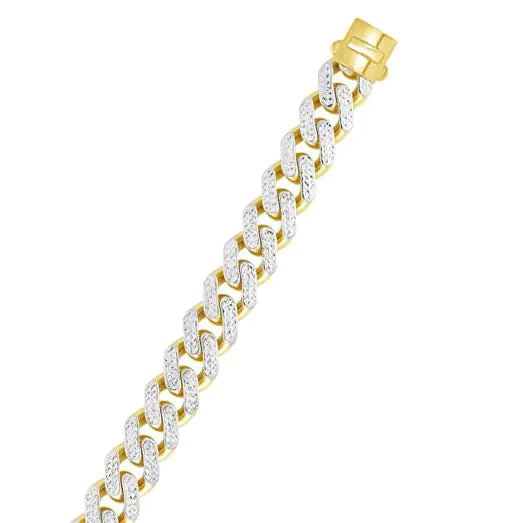 Yellow gold Cuban link bracelet with diamond accents on a white background.