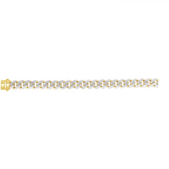 Yellow gold Cuban link bracelet with diamond accents on a white background.