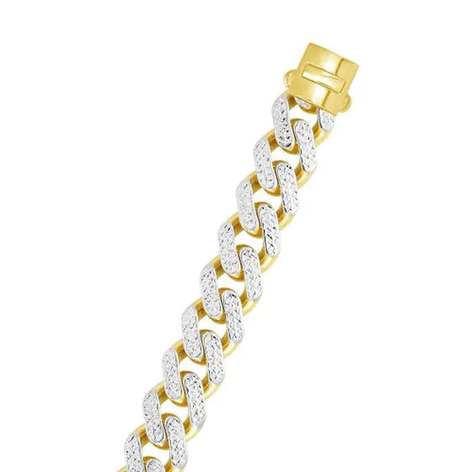 Yellow gold Cuban link bracelet with diamond accents on a white background.