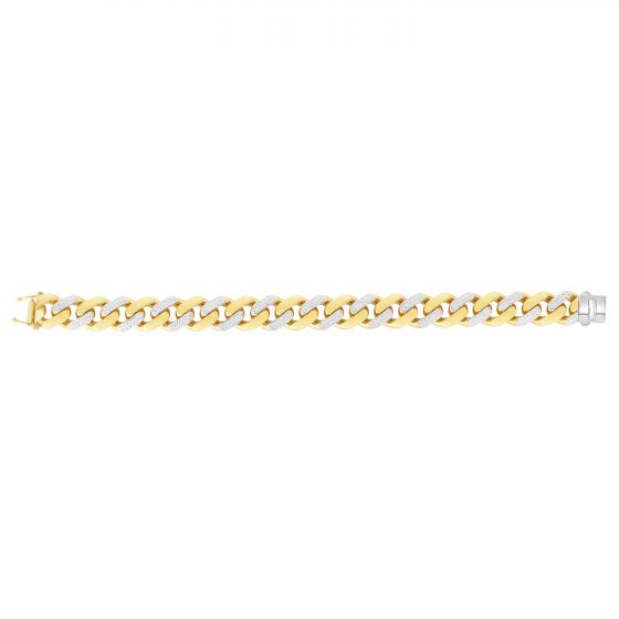 Yellow gold Cuban link bracelet with diamond accents on a white background.