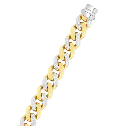 Yellow gold Cuban link bracelet with diamond accents on a white background.