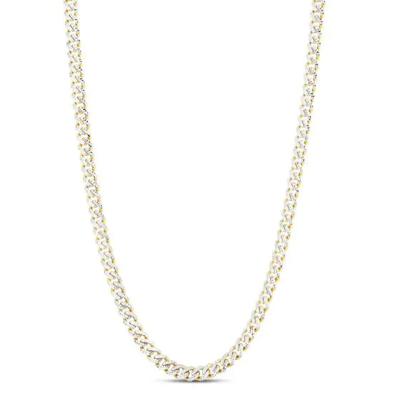 Yellow gold Cuban link chain with diamond accents on a white background.