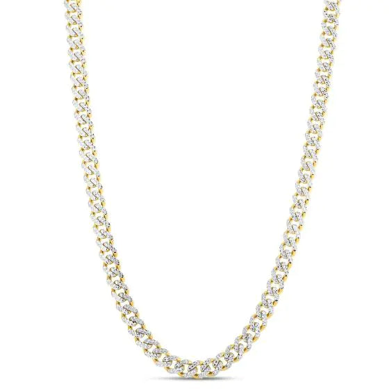 Yellow gold Cuban link chain with diamond accents on a white background.